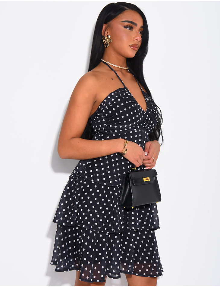 Robe courte en voile à volants & à pois