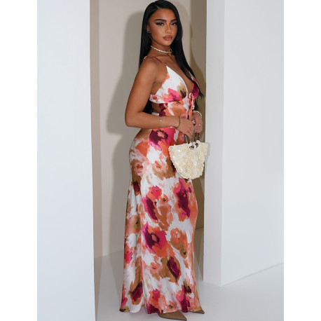 Printed satin long dress with tie