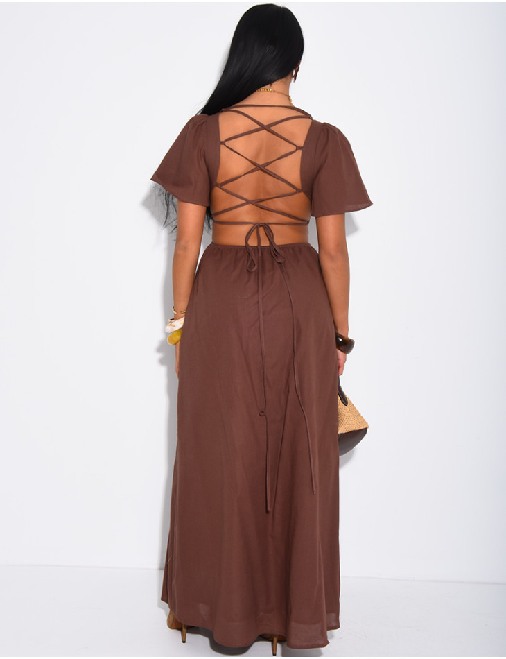 Robe style champêtre en lin dos nu à nouer