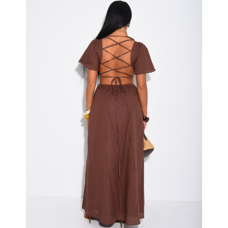 Robe style champêtre en lin dos nu à nouer