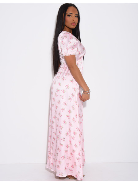 Robe longue en satin imprimé de fleurs et dentelle sur les bords