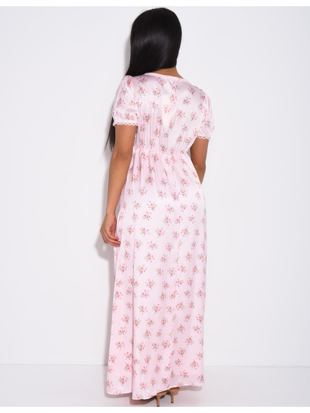 Robe longue en satin imprimé de fleurs et dentelle sur les bords