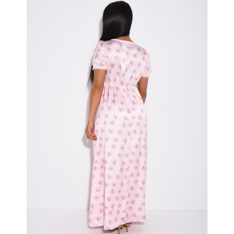 Robe longue en satin imprimé de fleurs et dentelle sur les bords