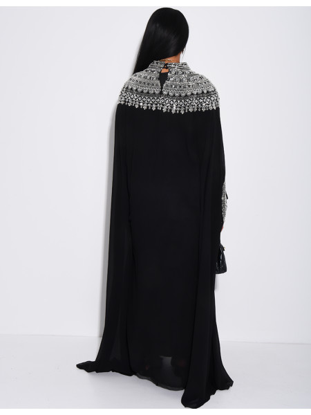 Abaya en mousseline ornée de strass & sequins et doublure assortie