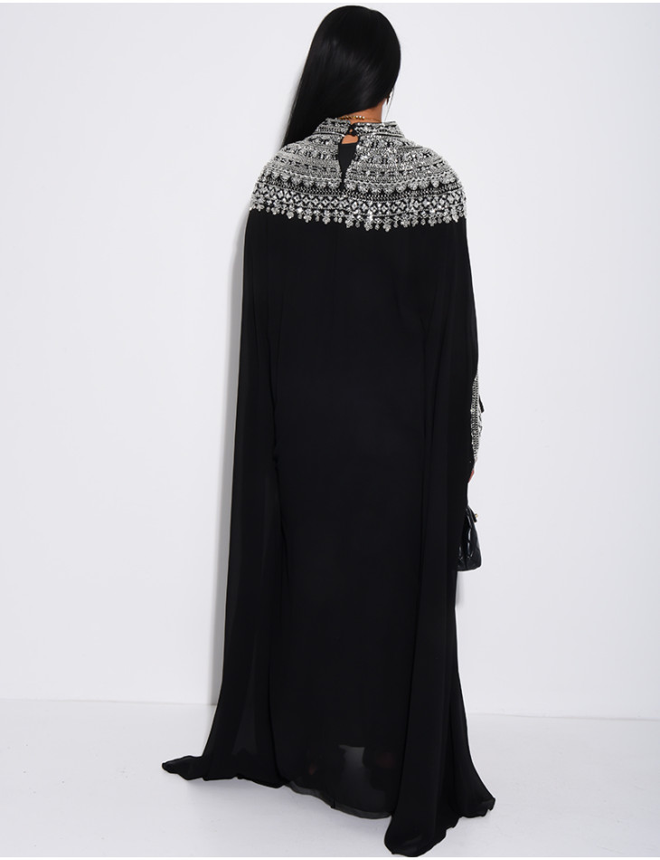Abaya en mousseline ornée de strass & sequins et doublure assortie