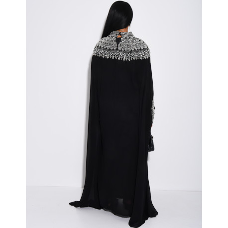 Abaya en mousseline ornée de strass & sequins et doublure assortie