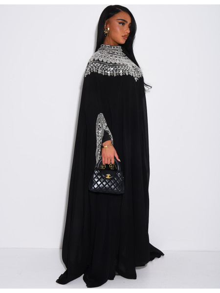 Abaya en mousseline ornée de strass & sequins et doublure assortie