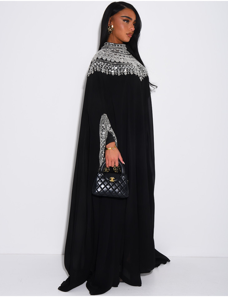 Abaya en mousseline ornée de strass & sequins et doublure assortie