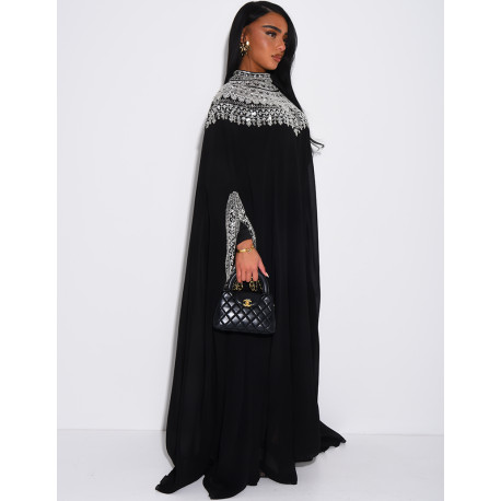 Abaya en mousseline ornée de strass & sequins et doublure assortie