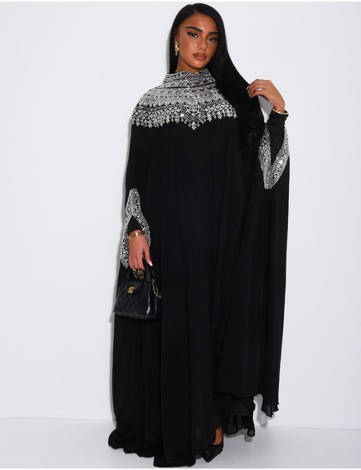 Abaya en mousseline ornée de strass & sequins et doublure assortie
