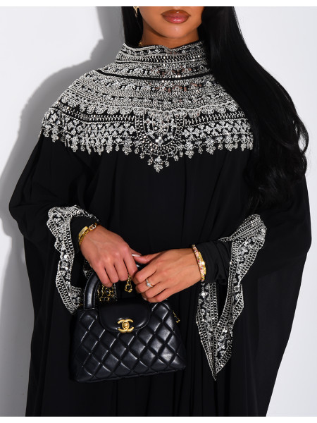 Abaya en mousseline ornée de strass & sequins et doublure assortie