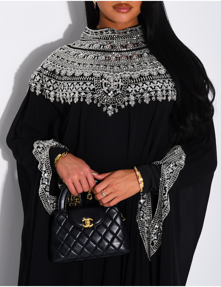 Abaya en mousseline ornée de strass & sequins et doublure assortie