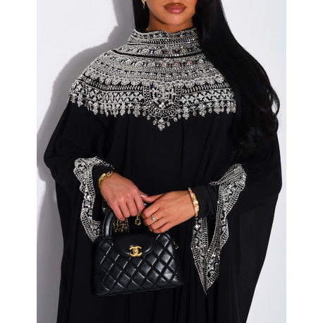 Abaya en mousseline ornée de strass & sequins et doublure assortie