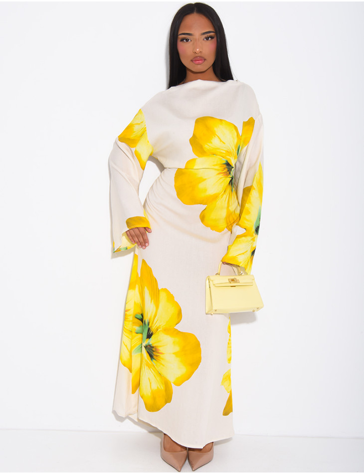 Robe effet lin à fleurs nouée dans le dos