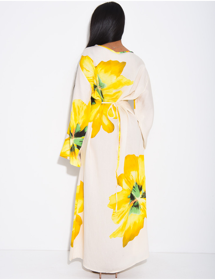 Robe effet lin à fleurs nouée dans le dos