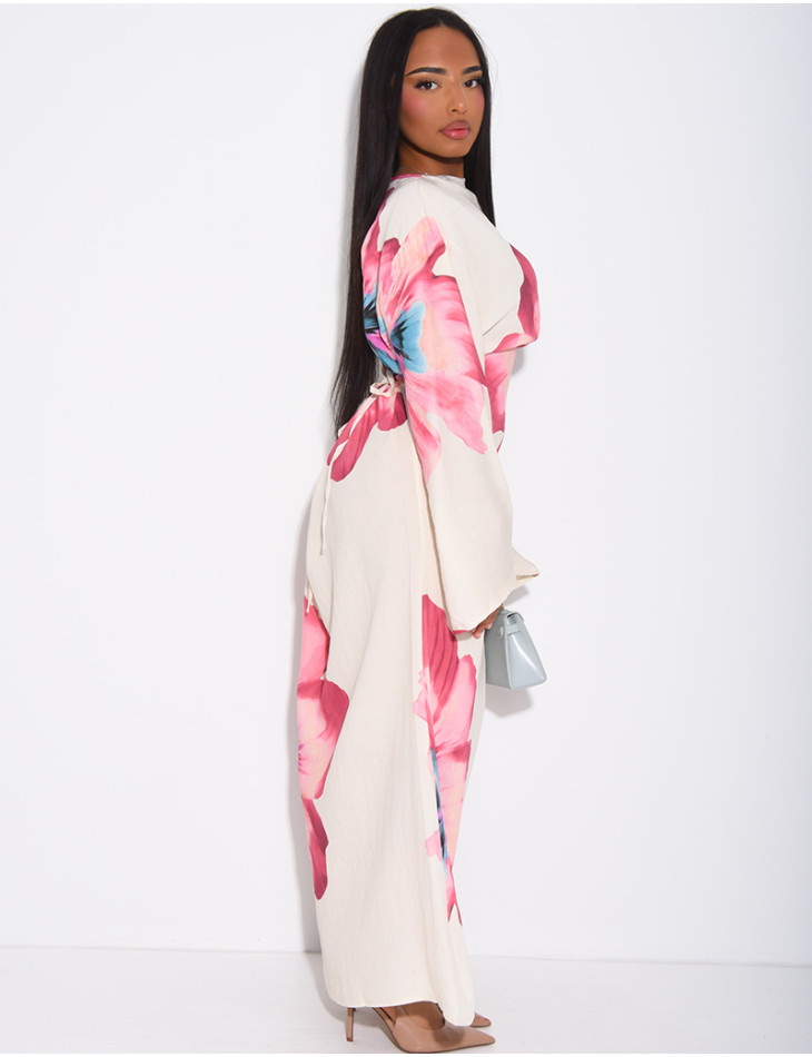 Robe effet lin à fleurs nouée dans le dos