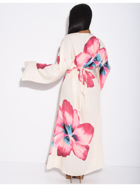 Robe effet lin à fleurs nouée dans le dos