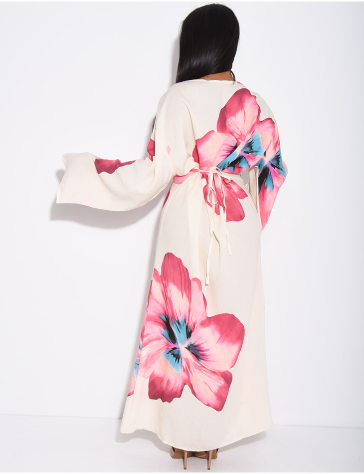 Robe effet lin à fleurs nouée dans le dos
