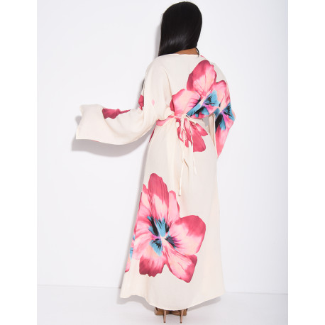 Robe effet lin à fleurs nouée dans le dos