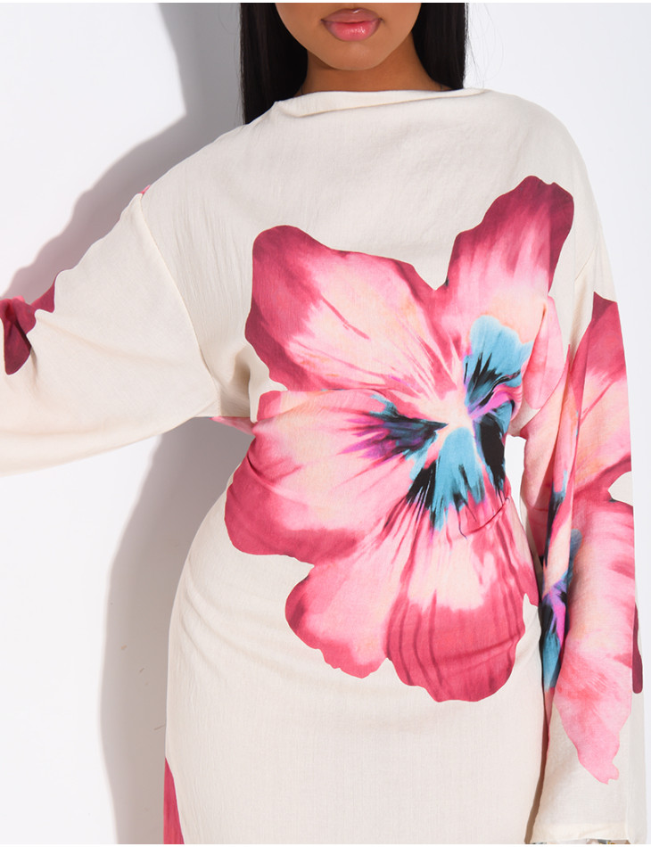 Robe effet lin à fleurs nouée dans le dos