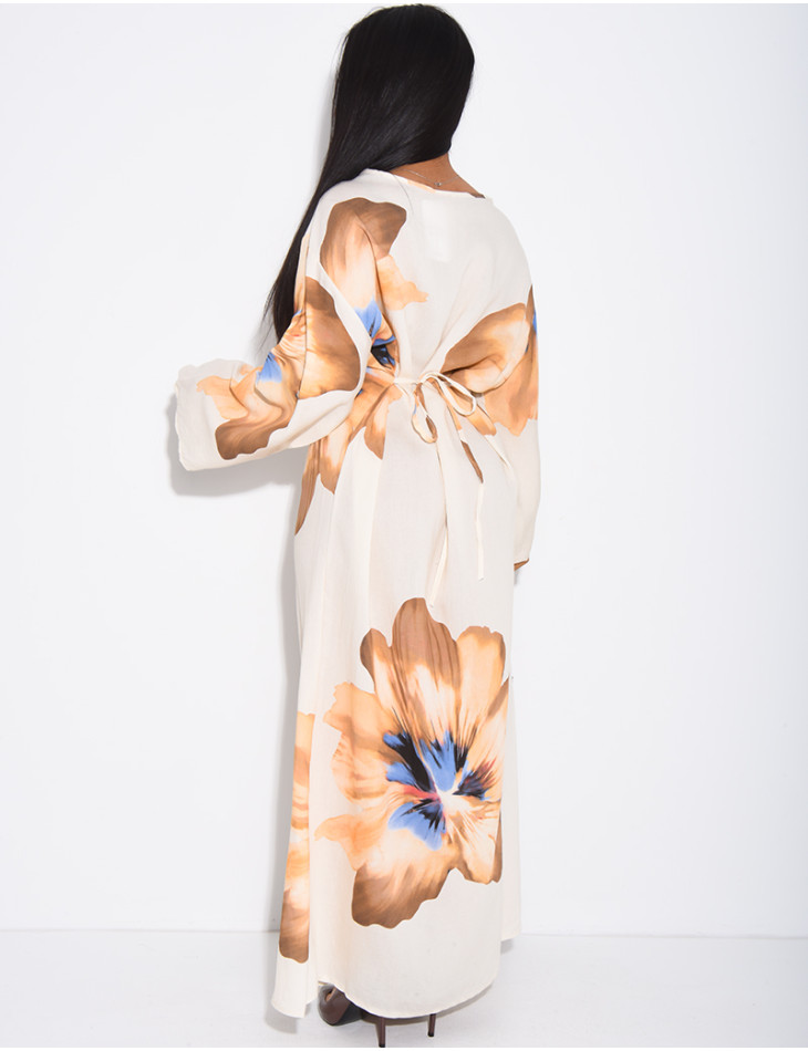 Robe effet lin à fleurs nouée dans le dos