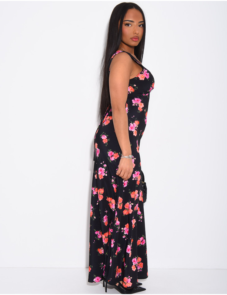 Robe longue col v fluide à motif floral