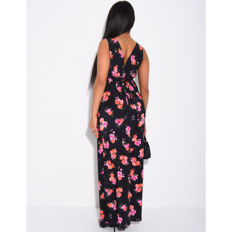 Robe longue col v fluide à motif floral