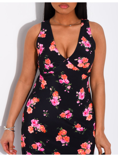 Robe longue col v fluide à motif floral