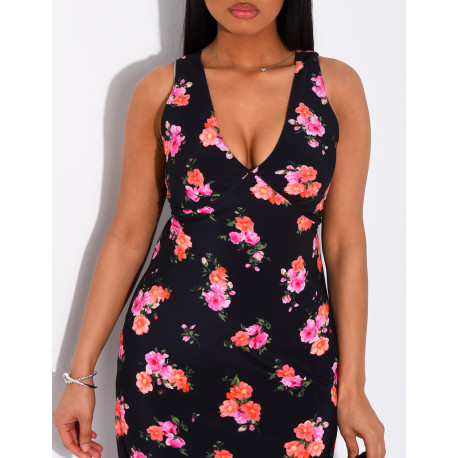 Robe longue col v fluide à motif floral