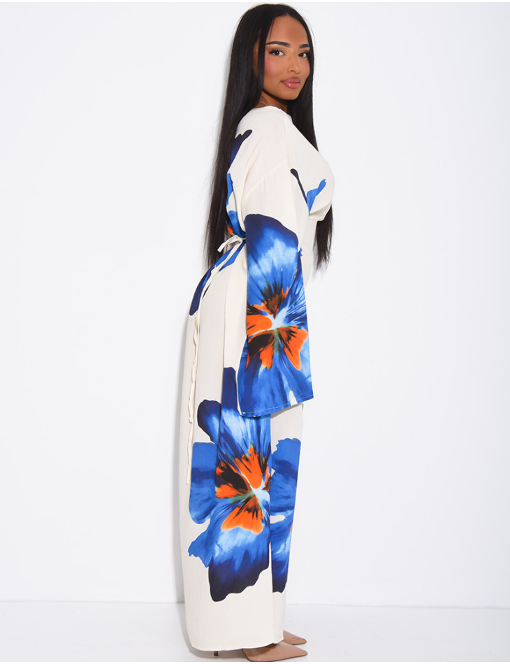 Robe effet lin à fleurs nouée dans le dos