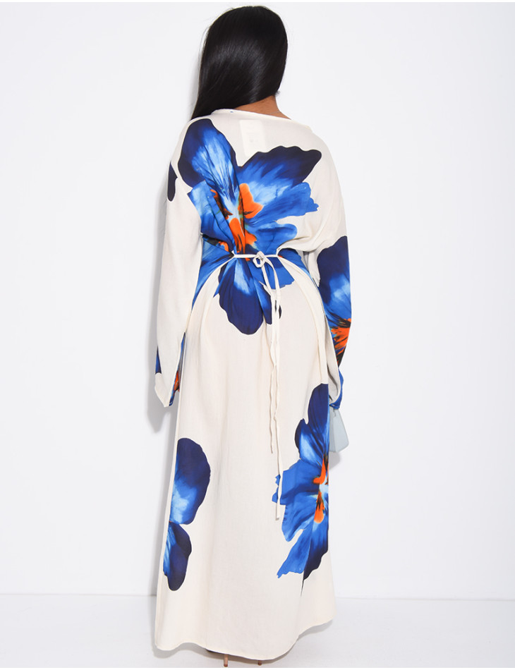 Robe effet lin à fleurs nouée dans le dos