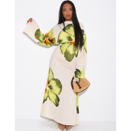 Robe effet lin à fleurs nouée dans le dos