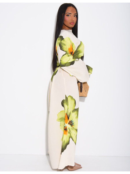 Robe effet lin à fleurs nouée dans le dos