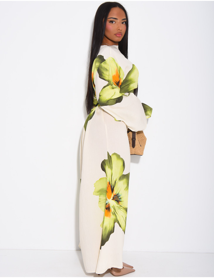 Robe effet lin à fleurs nouée dans le dos