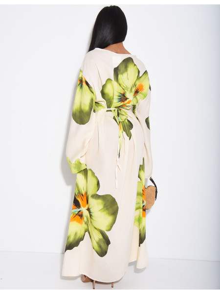 Robe effet lin à fleurs nouée dans le dos