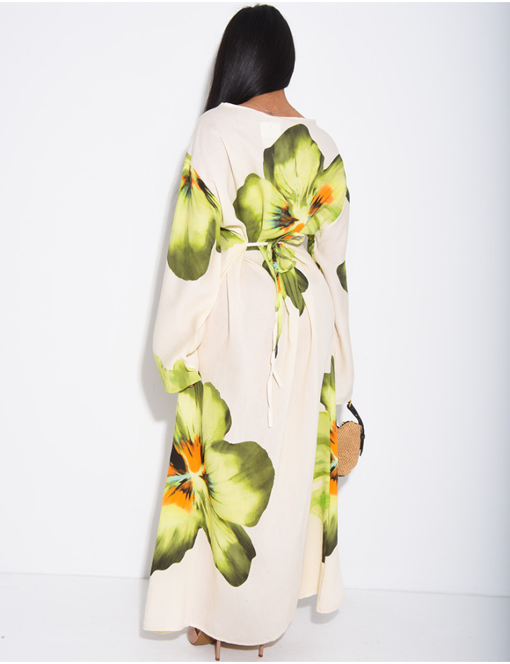Robe effet lin à fleurs nouée dans le dos
