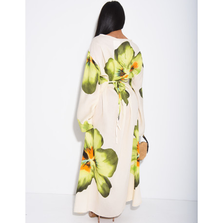 Robe effet lin à fleurs nouée dans le dos