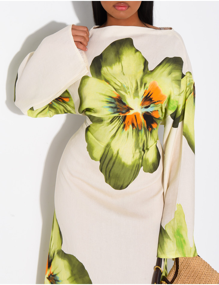 Robe effet lin à fleurs nouée dans le dos