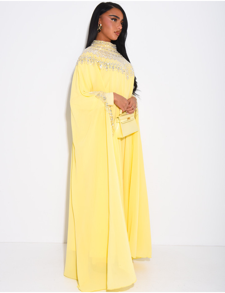 Abaya en mousseline ornée de strass & sequins et doublure assortie