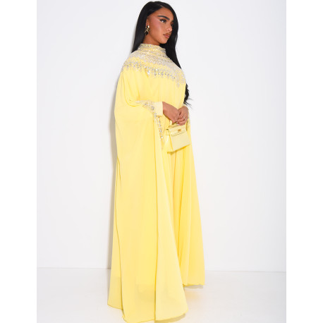 Abaya en mousseline ornée de strass & sequins et doublure assortie