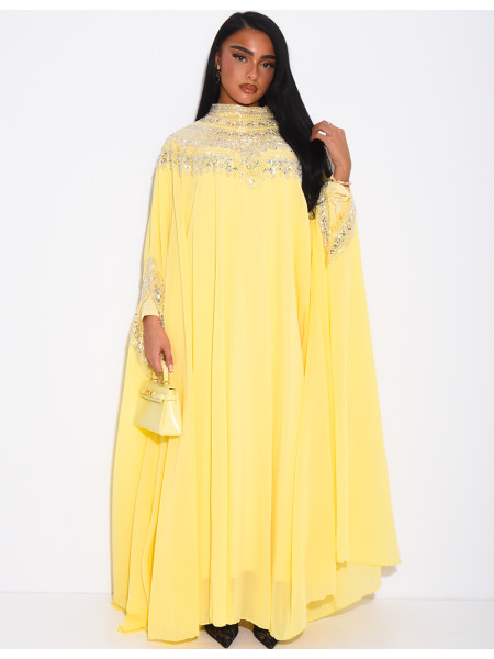Abaya en mousseline ornée de strass & sequins et doublure assortie