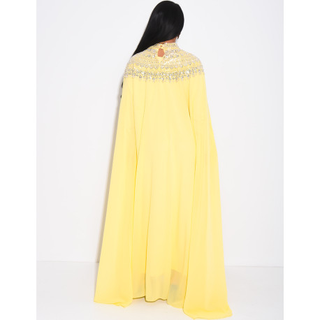 Abaya en mousseline ornée de strass & sequins et doublure assortie