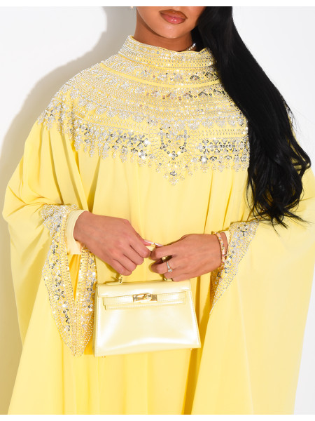 Abaya en mousseline ornée de strass & sequins et doublure assortie