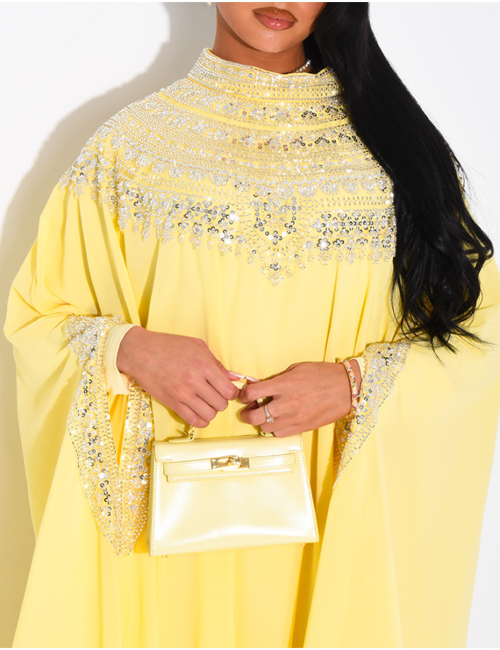 Abaya en mousseline ornée de strass & sequins et doublure assortie