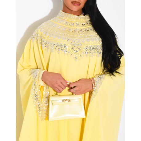 Abaya en mousseline ornée de strass & sequins et doublure assortie