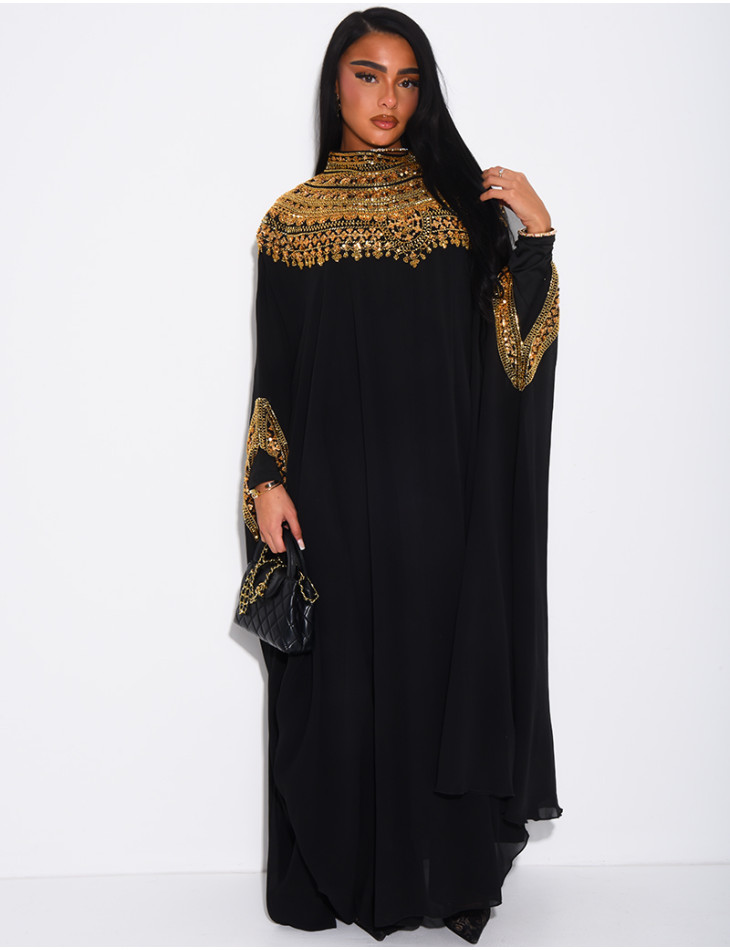 Abaya en mousseline ornée de strass & sequins et doublure assortie