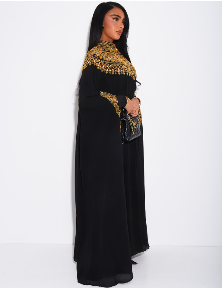 Abaya en mousseline ornée de strass & sequins et doublure assortie