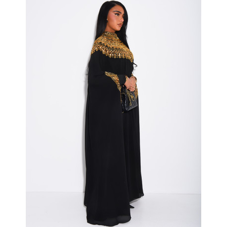 Abaya en mousseline ornée de strass & sequins et doublure assortie