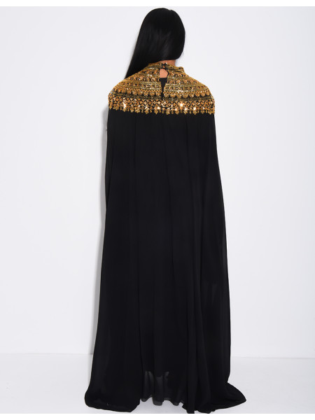 Abaya en mousseline ornée de strass & sequins et doublure assortie