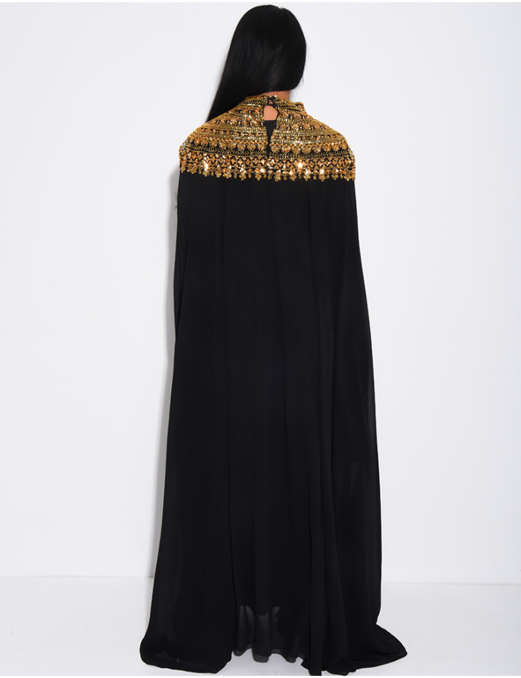Abaya en mousseline ornée de strass & sequins et doublure assortie
